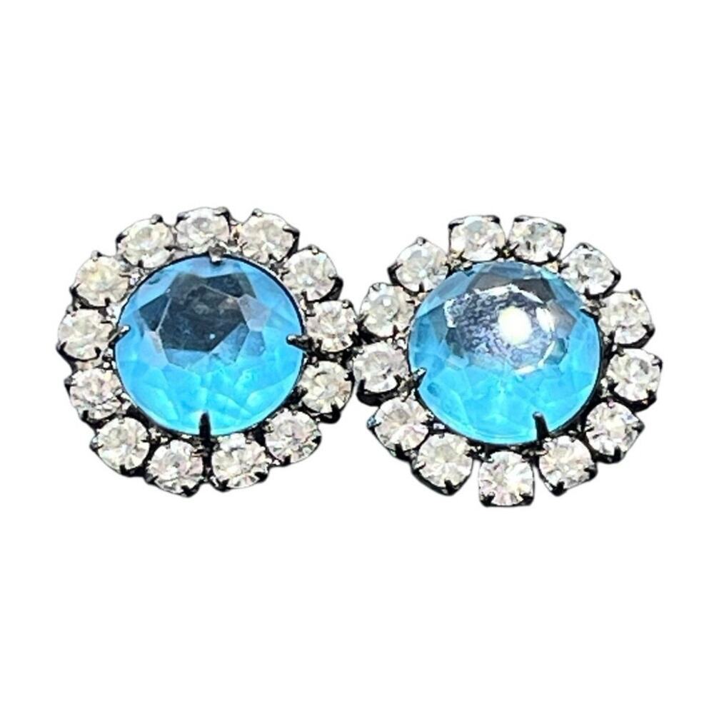 Kenneth Jay Lane Vintage Aquamarine Color Button Clip Gunmetal Earrings‎